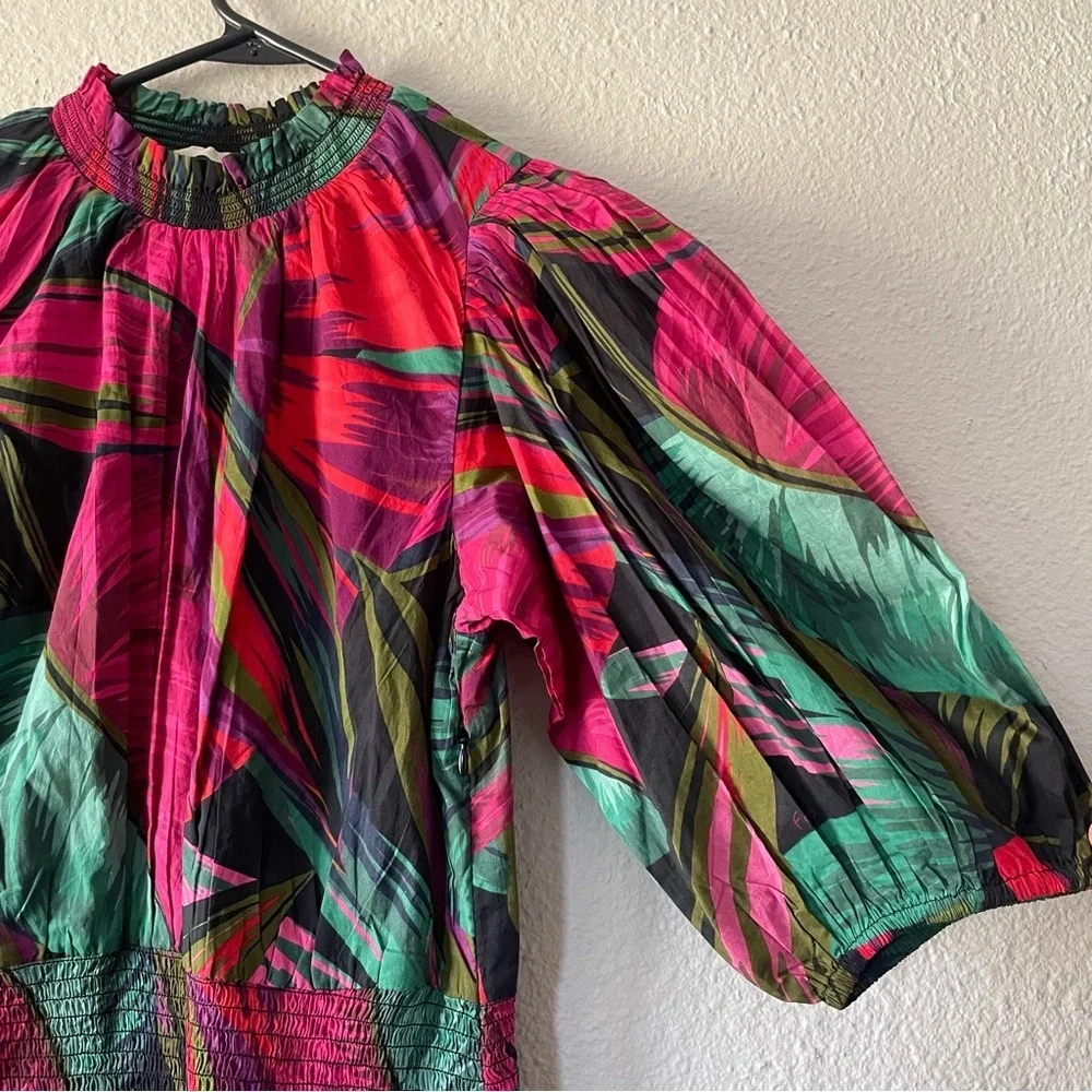 FARM Rio Midnight Leaves Mini Dress Women’s S Smocked Ruffle Puff Sleeve Cotton - Picture 6 of 16